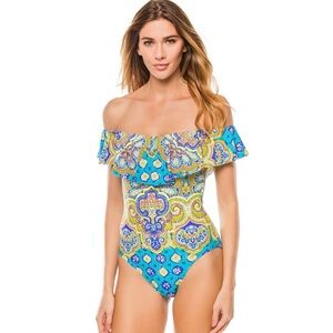 Trina Turk Corsica off the shoulder one piece swimsuit 6
